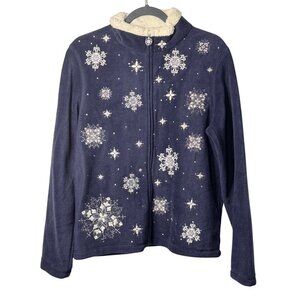 Croft & Barrow Womens M 23x26 Navy Fleece Snowflake Zip-Up Jacket Sherpa Holiday